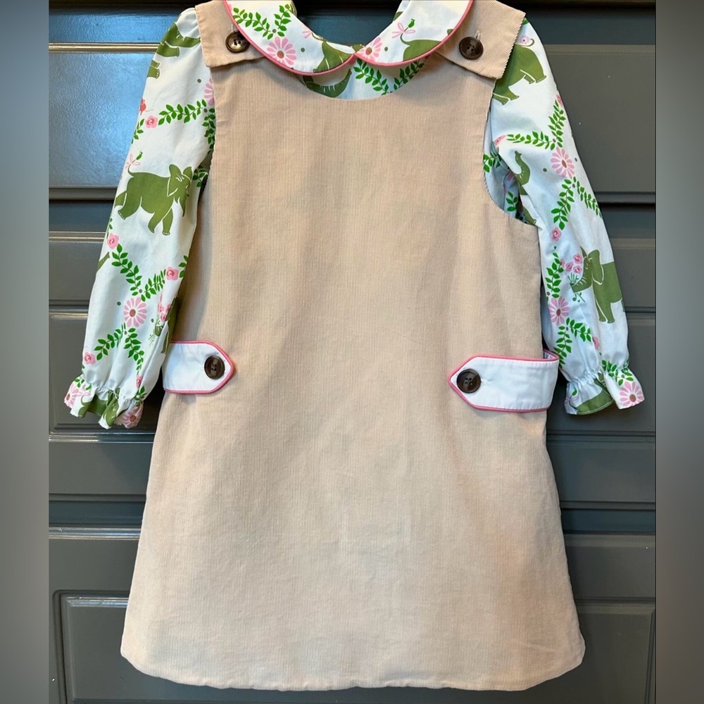 The Beaufort Bonnet Company Beige Pinafore with Green & Pink Floral Blouse